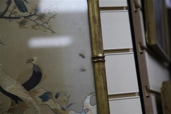 A good Chinese Canton embroidered silk bird panel, late 19th century, 113cm x 74cm, in a gilt faux bamboo frame, discoloured